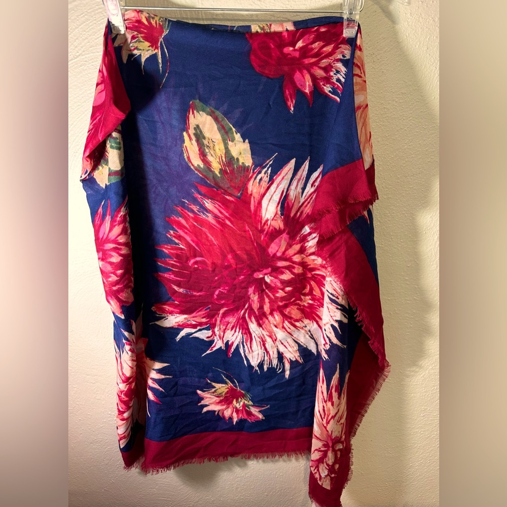 NWT Talbots Scarf Wrap Navy Blue Floral Fringe 55” X 56”